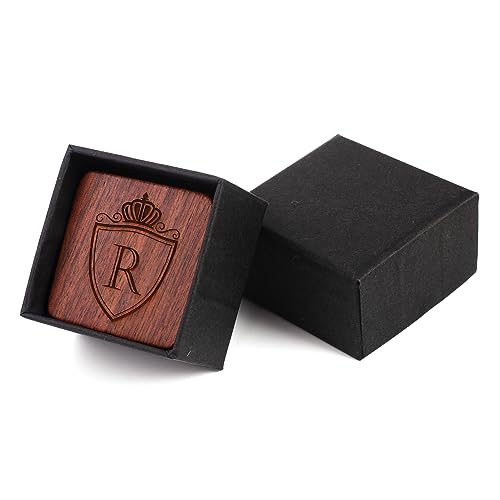 Image of Mens Initial Silver Cufflinks A-Z Alphabet Letter Steel Cuff Links with Engraved Walnut Wood Box Groom Groomsman Wedding Set