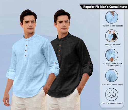 Image of Zombom Men's Combo Cotton Polyester Blend Solid Full Sleeve Straight Regular Fit Mandarin /Chinese Collor Kurta (Pack of 2)