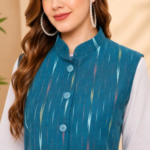 Image of Vastraa Fusion Women's Ikat Cotton Nehru Jacket Printed Waistcoat Sleeveless Mandarin Collar Button Front Ethnic Casual Wear