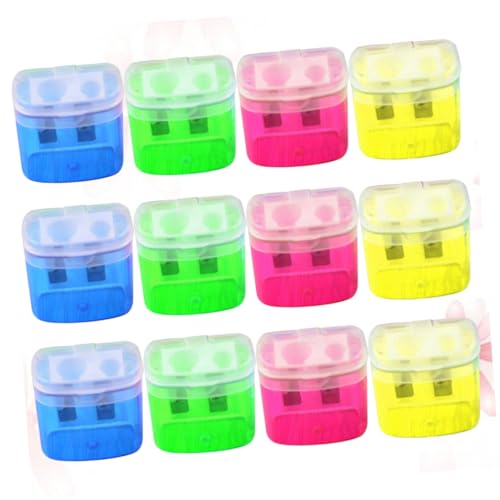 WOONEKY Equipped Lid Box 12pcs Manual Plastic Pencil Sharpener Double Hole for Student School Office Color