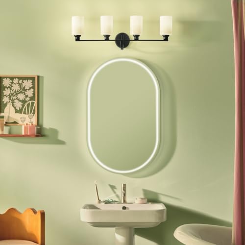 Image of Kichler Gioe 4-Light Bathroom Vanity Light Fixture with Opal Glass in Black, Modern Wall Mount Over Mirror Lighting for Powder Room (32.25 inch W x 10.5 inch H), 55227BK