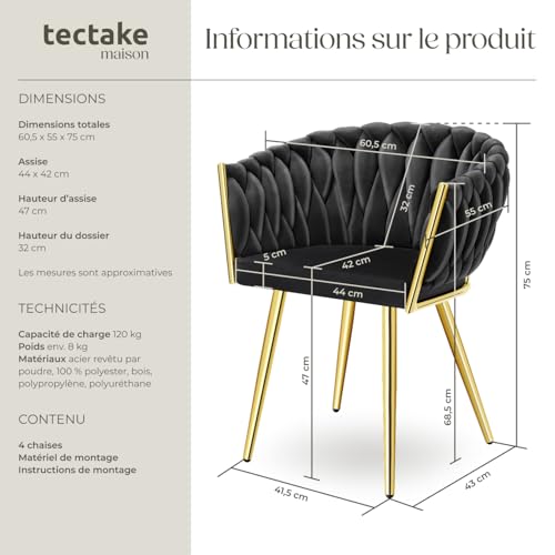 Lot de chaises de salle à manger rembourrée avec revêtement en velours et design noué or - vue 4