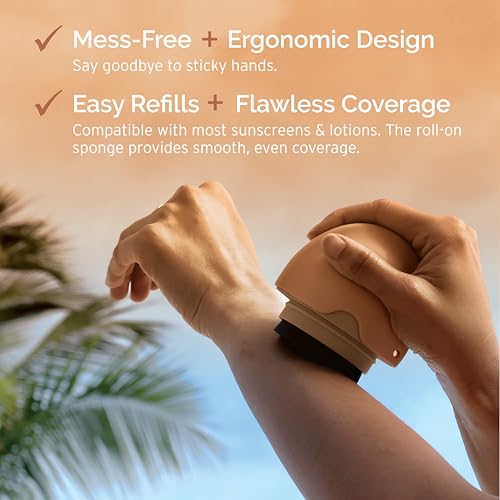 SUN SWIFT Silicone Sunscreen Applicator with Strap for Kids & Adults | Refillable Roll-On Face & Body Sunblock Lotion Sponge | Mess-Free, Hygienic, BPA-Free, w/Replacement Sponge, Travel Size, Beige