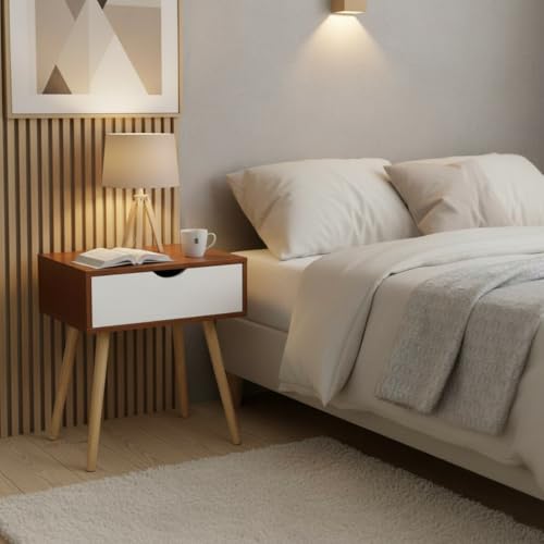 Image of Modern Bedside Table with Drawers & Wooden Legs | Compact Nightstand for Bedroom | Scandinavian Style Side Table with Storage for Home Living Room (Walnut White, 1 Drawer)