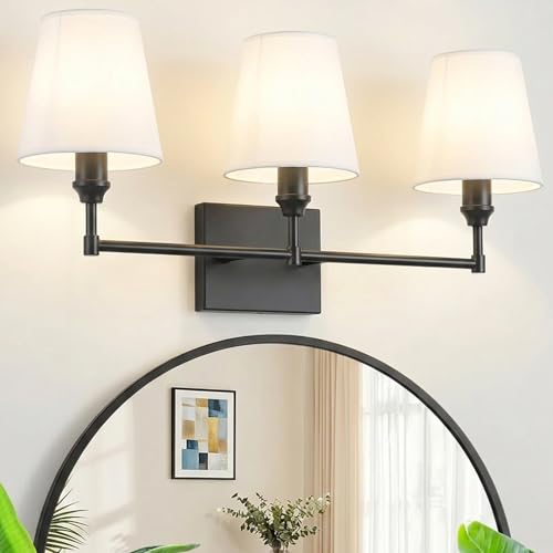 ZSMAIKU Vanity Lights For Bathroom,23.6 In Black Bathroom Light Fixtures Over Mirror,Vintage 3-Light Vanity Light With Flared White Fabric Lampshade For Bedroom,Hardwired Hallway Sconce Light,E12 Base