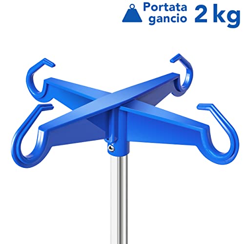 AIESI® Infusionsständer aus EDELSTAHL mit 4 Kunststoffhaken und drehbaren Rädern mit Bremse, Gratis 2 Flaschenhalter 100 ml, Garantie 24 monate