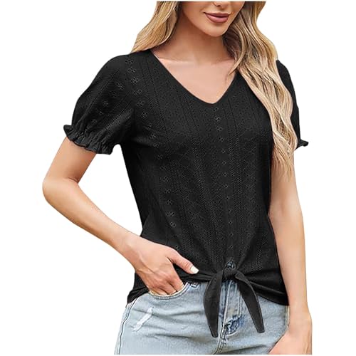 Image of NSICBMNO Black Summer Tops for Women UK Ruffle Short Sleeve Blouse Eyelet Tops Tie Front Top V Neck Tshirt Oversized Baggy T Shirts Casual Tshirt Going Out Blouses for Holiday Beach Office Work