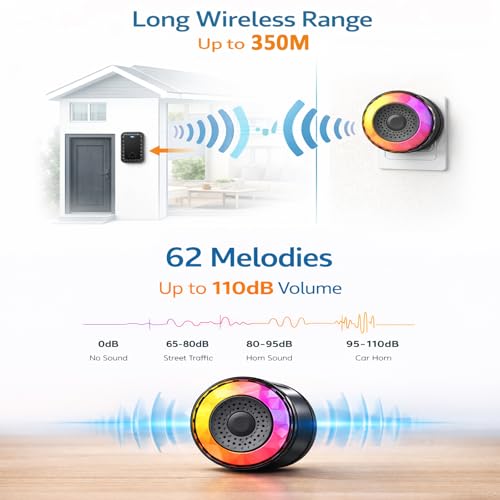 Image of Wireless Doorbell with Safety Alarm & Night Light for Home and Office, Upto 350M Range with 62 Chimes, Diamond Shape, 6 RGB LED modes, 4 Level Volume, Calling Bell (Transmitter & Receiver)