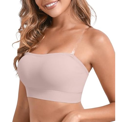 DEANGELMON Strapless Bras for Women Wireless Push Up Non-Slip Bandeau Bra Seamless Clear Straps TubeTop Padded Bralette Pink Small