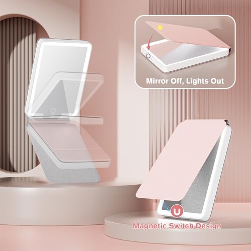 Kintion Rechargeable Pocket Mirror, 3 Color Touch Dimmable Small Lighted Compact Mirror, PU Leather Portable Mirror with Light, 3.6 in Mini Small Mirror for Women, Pink - Thumbnail 5