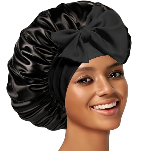 Confvrter Silk Bonnet Satin Bonnet for Sleeping Large Bonnets with Tie Band Hair Wrap with Adjustable Straps Hair Cap for Women Curly Black