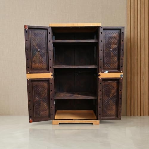 Image of Plastic Cabinet with Lockable Doors, 3 Shelves, Teakwood and AmberGold, Adjustable Shelves, Water Resistant