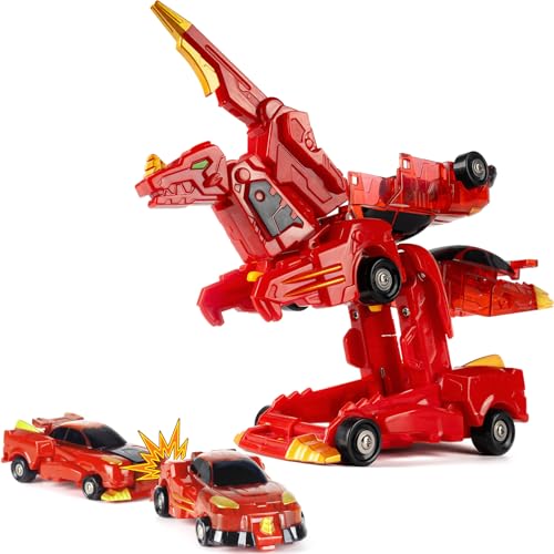 Yivsen Collision Transforming Dinosaur Car Toy, 2 in 1 Magnetic Cars Transform into Dinosaur Toys, Car Crash Dino Robot Toy for Kids Age 3+, Ideal Birthday Party Gift Toys for Kids Boys Girls, Red