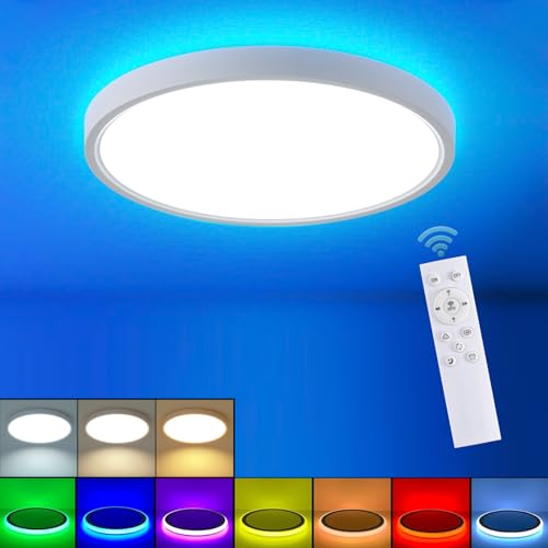 HENTAG RGB Smart Ceiling Light with Remote Control, 12Inch 36W Dimmable LED Flush Mount Ceiling, RGB Color Changing Ambient Light for Bedroom, Kitchen, Dining Room, Basements