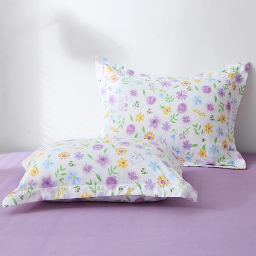 Wajade Floral Comforter Set Bed in A Bag Queen Size 7 Piece Purple Flower Green Leaves Rabbits Bedding Set for Girls (1 Comforter, 1 Flat Sheet, 1 Fitted Sheet, 2 Pillowcase and 2 Pillow Sham) by Wajade - Used condition - Image 7