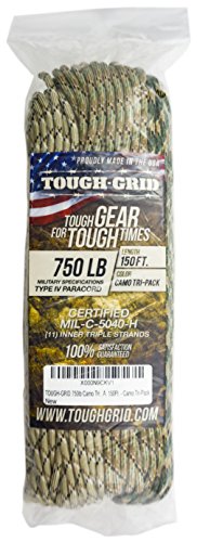 Tough-Grid 750Lb Camo Tri-Pack Paracord/Parachute Cord - 100% Nylon Mil-Spec Type Iv Paracord Used By The Us Military, Great For Bracelets And Lanyards, 150Ft. - Camo Tri-Pack #TOP15