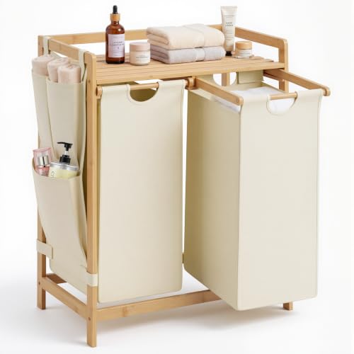 Image of Panana Bamboo Laundry Basket with 2 Compartments, Double Sorting Laundry Hamper,Laundry Bag & Side Pocket, 2 x 50L Capacity Clothes Sorter Bin for Bedroom Bathroom