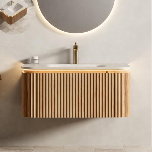 KEIKI 36" Floating Bathroom Vanity with Sink, Travertine-Pattern Sintered Stone Basin, 3D Curved Fluted Cabinet, Soft-Close Drawer & LED Sensor Light, Pre-Assembled, Natural Wood