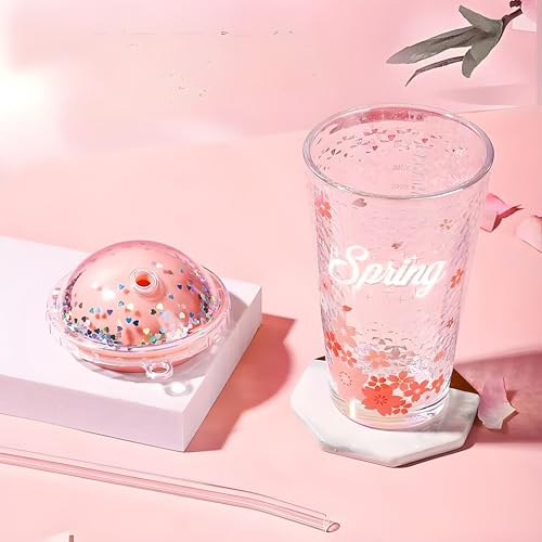 Image of Drinking Glasses Tumbler with Plastic Gliter Lid and Straw - 450ml, Set of 1, Travel Sipper Bottle for Juice Cocktail Iced Tea Coffee Smoothie Hot Cold Drink Cup Home & Travel