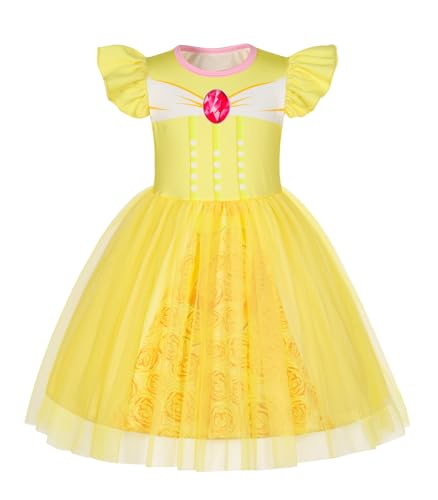 HenzWorld Dress up Clothes for Girls 4-6 Halloween Costumes for Girls Princess Dress up Fancy Party Cosplay Outfits Birthday Gifts Yellow Flutter Sleeve Tulle Dress Size 5-6X Princess Belle Dress
