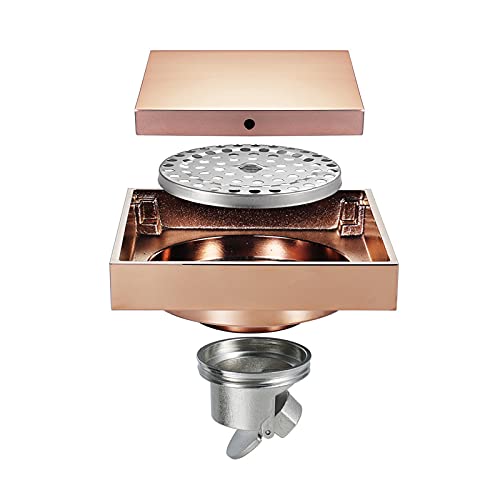 FENOKD Square Shower Drain, 4 Inch Solid Brass Shower Floor Drain with Removable Cover Grid Grate, Rose Gold Invisible Floor Drain Includes Hair Strainer