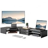 Fenge Dual Monitor Stand, Corner Desk Shelf with Drawer & Slide-Out Tray