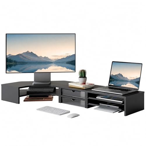 Image of Fenge 42.5Inch Corner Monitor Stand with Drawer, 3-Tier Monitor Riser with Slide-Out Tray
