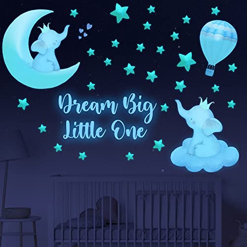 Elephant Wall Stickers Glow In The Dark Elephant Decal Baby Dream Big Little One Boy Nursery Room Wall Decor Quote Wall Stickers Large Watercolor Animal Decal For Kids Girl Bedroom Playroom Wall Decor #TOP4