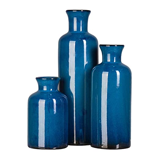 Ceramic Vase Set Home Decor - 3Pcs Modern Rustic Boho Geometric Blue Flowers Vase Decoration, Shelf Decor, Farmhouse Living Room Decoration, Decorative Gift Cynkeyee #TOP3