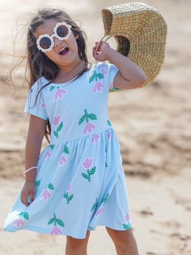 Image of Nap Chief Girls Printed Round Neck Fit & Flare Dress | Cotton Knee Length Half Sleeve Girls Summer Dress for Casual Wear