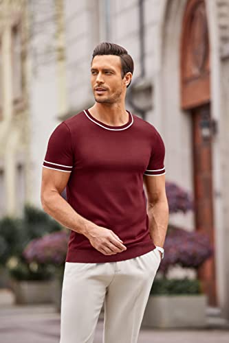 Coofandy Men Short Sleeve Crew Neck T Shirt Casual Knitted Top Stretch Tee Shirt Wine Red #TOP2