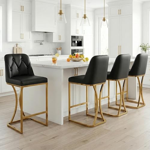 Image of LSSBOUGHT Counter Height Bar Stools Set of 2 24'' Upholstered Padded Barstools with Back Glam Kitchen Island Chairs with Golden Metal Iron Frame (Black-Button-Gold Leg, 4PCS)