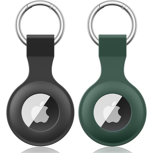 2 Pezzi Meliya AirTag Portachiavi per Apple Airtag, Silicone Custodia per Airtag Apple con Portachiavi, Cover Protettiva per AirTag per Zaini e Animali Domestici (Nero+Verde militare)