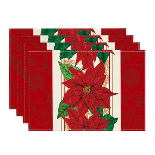 Artoid Mode Watercolor Poinsettia Red Christmas Placemats Set of 4, 12x18 Inch Seasonal Winter Christmas Table Mats for Party Kitchen Dining Decoration