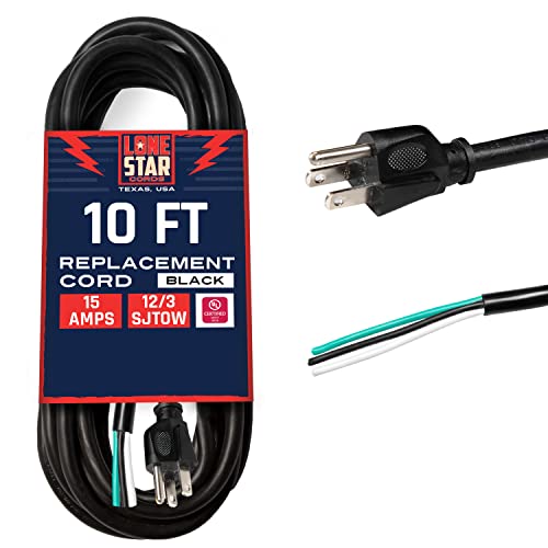 Lonestar 12 Awg Replacement Power Cord With Open End - 10 Ft Black Extension Cable, 12/3 Sjtw, Nema 5-15P - Texas Based American Business #TOP26