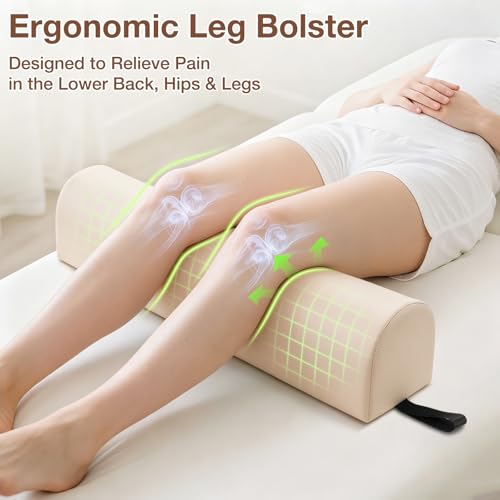 Image of Noverlife 3 /4 Round Knee Bolster for Massage Table, 26x6x6 in Massage Pillow for Legs w /Strap Handle, PU Leather Massage Table Leg Bolster Massage Therapy Bolster Pillow for Back Pain Relief - Beige