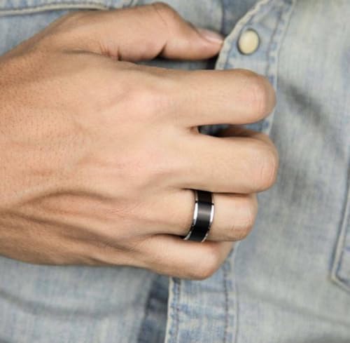 Men’s Black Tungsten Ring Classic Polished Band with Silver Edges Scratch Resistant, Waterproof Comfort Fit Wedding Ring Ideal Gift for Him (18)
