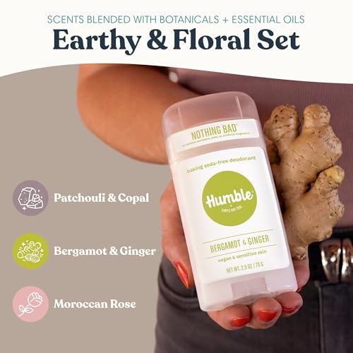 Image of Humble Aluminum-Free Deodorant, Patchouli, Bergamot, Moroccan Rose - 3 Pack | Baking Soda-Free, Clean, Fresh, Natural, Essential Oils, Sensitive Skin, Long-Lasting Odor Control, Cruelty-Free, Men & Women