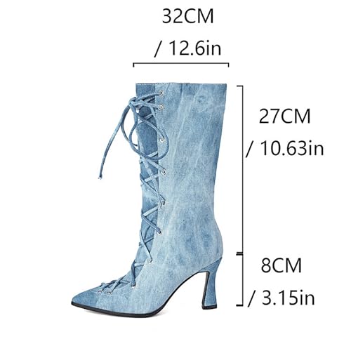 WENOREG Women's Denim Pointed Toe Lace Up Mid Calf Boots,Fashion Kitten Heels Cowgirl Party Prom Dress Boots4