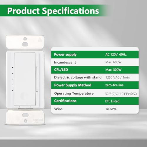 Wengart (BAK012C) Dimmer Switch for LED/CFL Lights, Single Pole or 3-Way Wall Switch, 300W Dimmable LED & 600W Halogen/Incandescent, Screwless Wall Plate Included, ETL Listed, White by WENGART - Used condition - Image 5