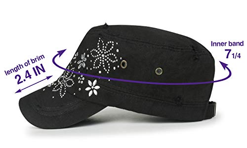 Ililily Crystal Gemstone Stud Flower Vintage Cotton Military Army Hat Cadet Cap, Black #TOP5