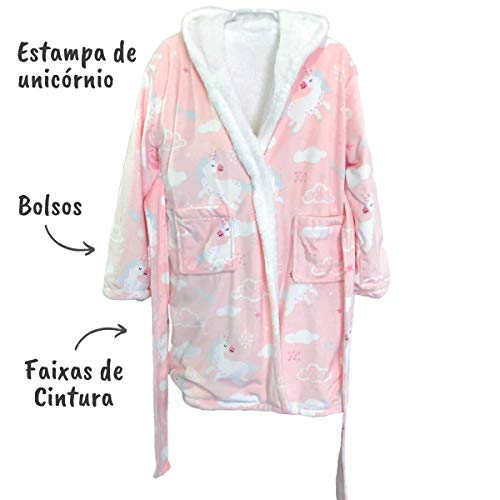 Roupão Infantil Sherpinha Microfibra Unicórnio Rosa G