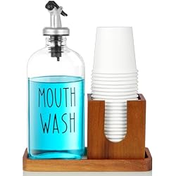 Glass Mouthwash Dispenser for Bathroom, 16 OZ Mouthwash Dispenser with Pour Spout and Acacia Wood Cup Holder and Tray, Mouth Wash Bottle Container, Farmhouse Kitchen Bathroom Decor and Accessories