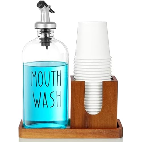 Glass Mouthwash Dispenser for Bathroom, 16 OZ Mouthwash Dispenser with Pour Spout and Acacia Wood Cup Holder and Tray, Mouth Wash Bottle Container, Farmhouse Kitchen Bathroom Decor and Accessories