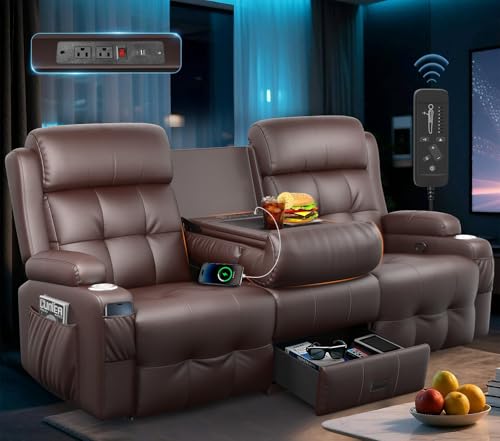 3-Seater Loveseat Recliner Sofa, RV Wall Hugger Home Theater Seating Reclining Couch with Flip-Down Backrest, LED Lights, Massage, Built-in Power Strip, Drawer & Cup Holders for RV & Living Room