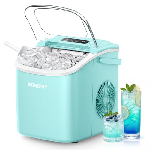Image of EUHOMY Countertop Ice Maker Machine with Handle, 26lbs Per Day, 9 Ice Cubes Ready in 6 Mins, Auto-Cleaning Portable Ice Maker with Basket and Scoop, for Home/Kitchen/Camping/RV (Green)