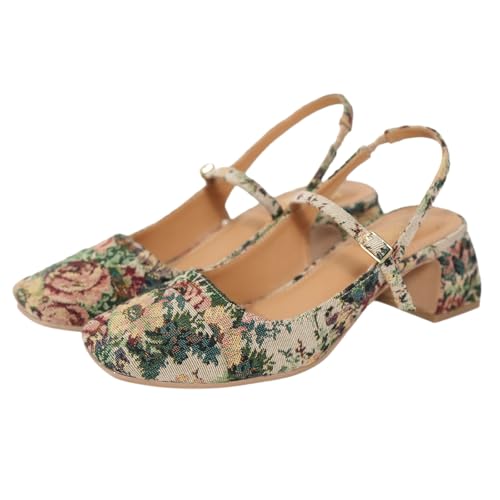 Image of Theater Women Floral Tapestry Mary Jane Heels | Square Toe Slingback Sandals with Adjustable Strap | Stylish & Comfortable for Party, Office & Casual Wear