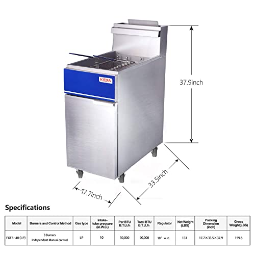 DBTIN Commercial Deep Fryer Propane - 40lb Deep Fryer - Liquid Propane 3 Burners Floor Fryers with 2 Fryer Baskets & Tank- Restaurant Kitchen Equipment for French Fries, 90,000 BTU, silver, KITMA - Thumbnail 6
