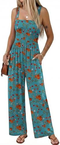 Ekouaer Women's Casual Loose Jumpsuits One Piece Sleeveless Overalls Printed Long Pant Romper Fashion Boho Jumper with Pocket Floral Blue Green L