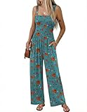 Ekouaer Women's Casual Loose Jumpsuits One Piece Sleeveless Overalls Printed Long Pant Romper Fashion Boho Jumper with Pocket Floral Blue Green L